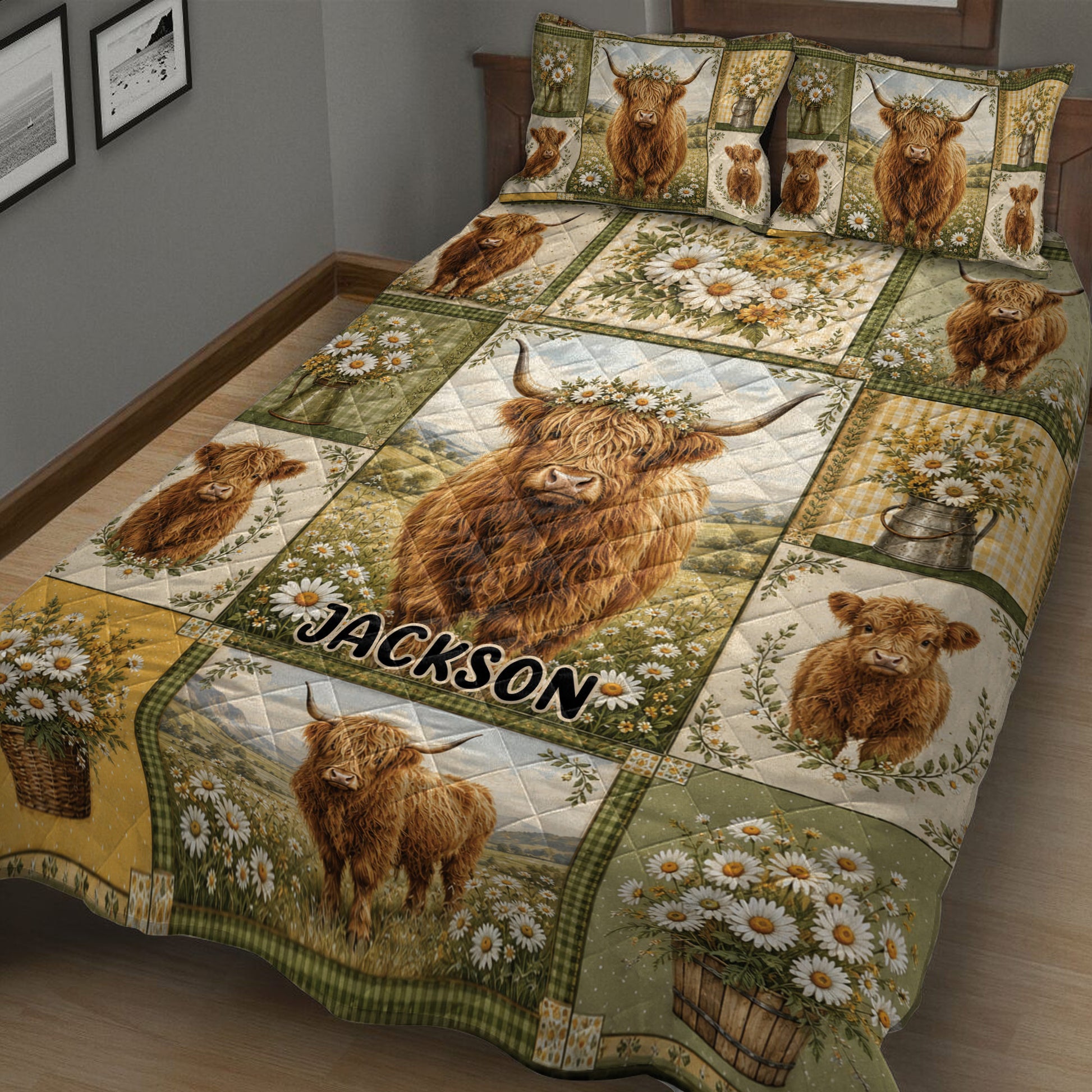 Rustic Highland cow quilt blanket featuring daisies, calves, floral borders, and countryside scenes