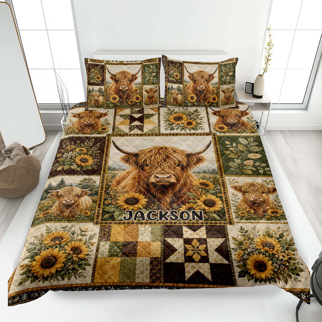 Highland cow quilt blanket displayed on a bed with sunflower panels and rustic patchwork artwork