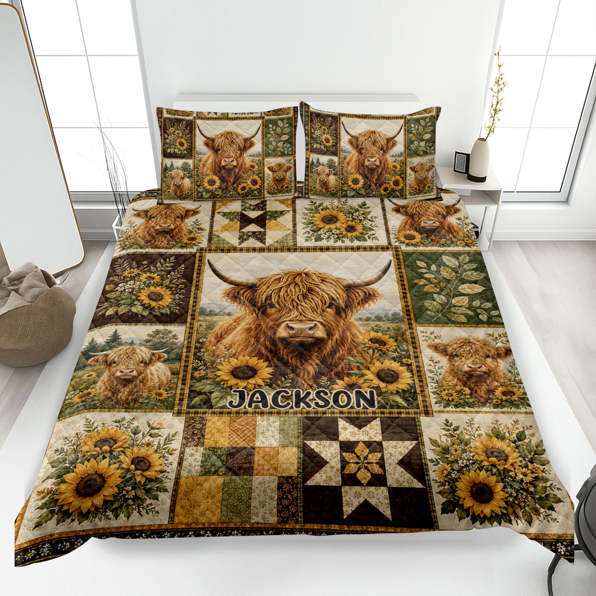 Highland cow quilt blanket displayed on a bed with sunflower panels and rustic patchwork artwork