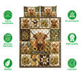 Highland cow quilt bedding set shown with sunflower artwork and rustic brown, gold, and green colors