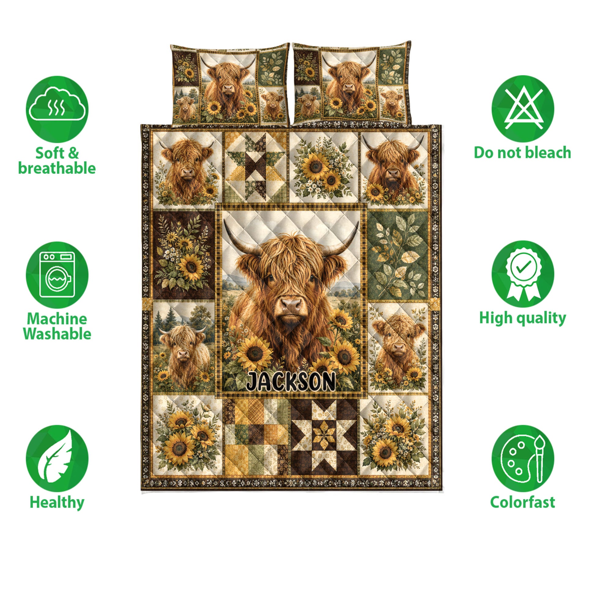 Highland cow quilt bedding set shown with sunflower artwork and rustic brown, gold, and green colors