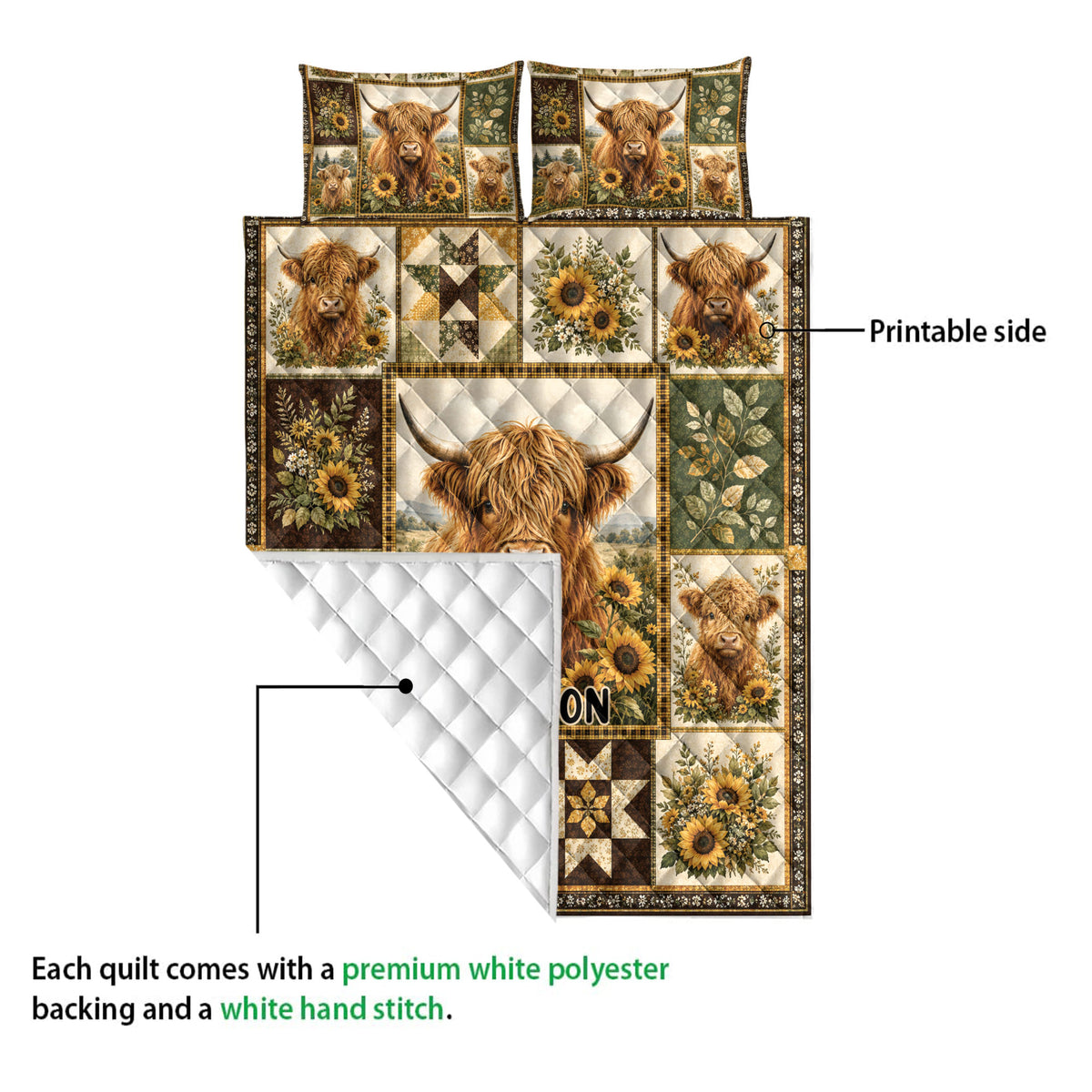 Highland cow quilt showing the printed front and white quilted backing in a product feature view