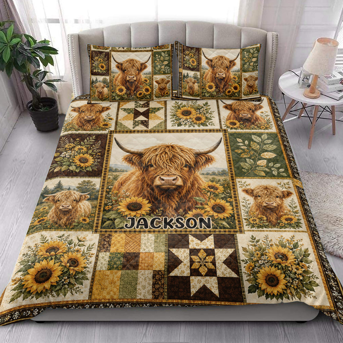 Highland cow quilt blanket styled in a bright bedroom with sunflower and farmhouse artwork