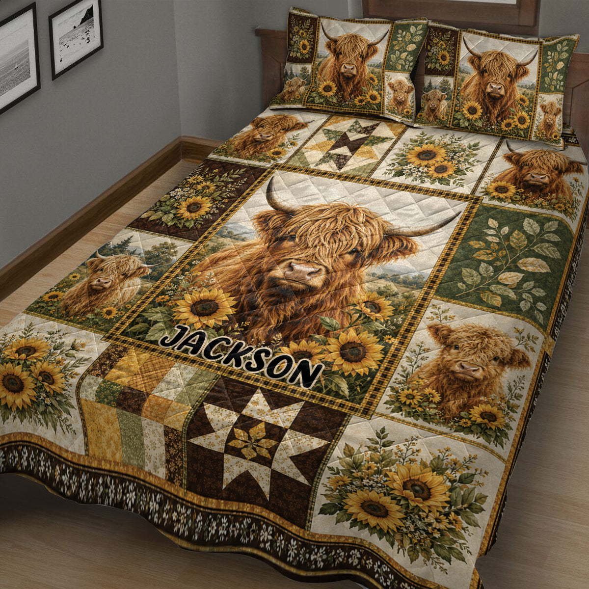 Rustic Highland cow quilt blanket spread across a bed with sunflower and patchwork panels