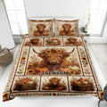 Highland Cow quilt blanket displayed on a bed with sunflowers, pumpkins, and warm autumn foliage