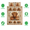 Highland Cow quilt bedding set shown with autumn artwork and soft, breathable care feature icons