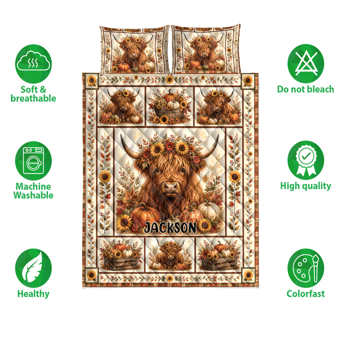 Highland Cow quilt bedding set shown with autumn artwork and soft, breathable care feature icons