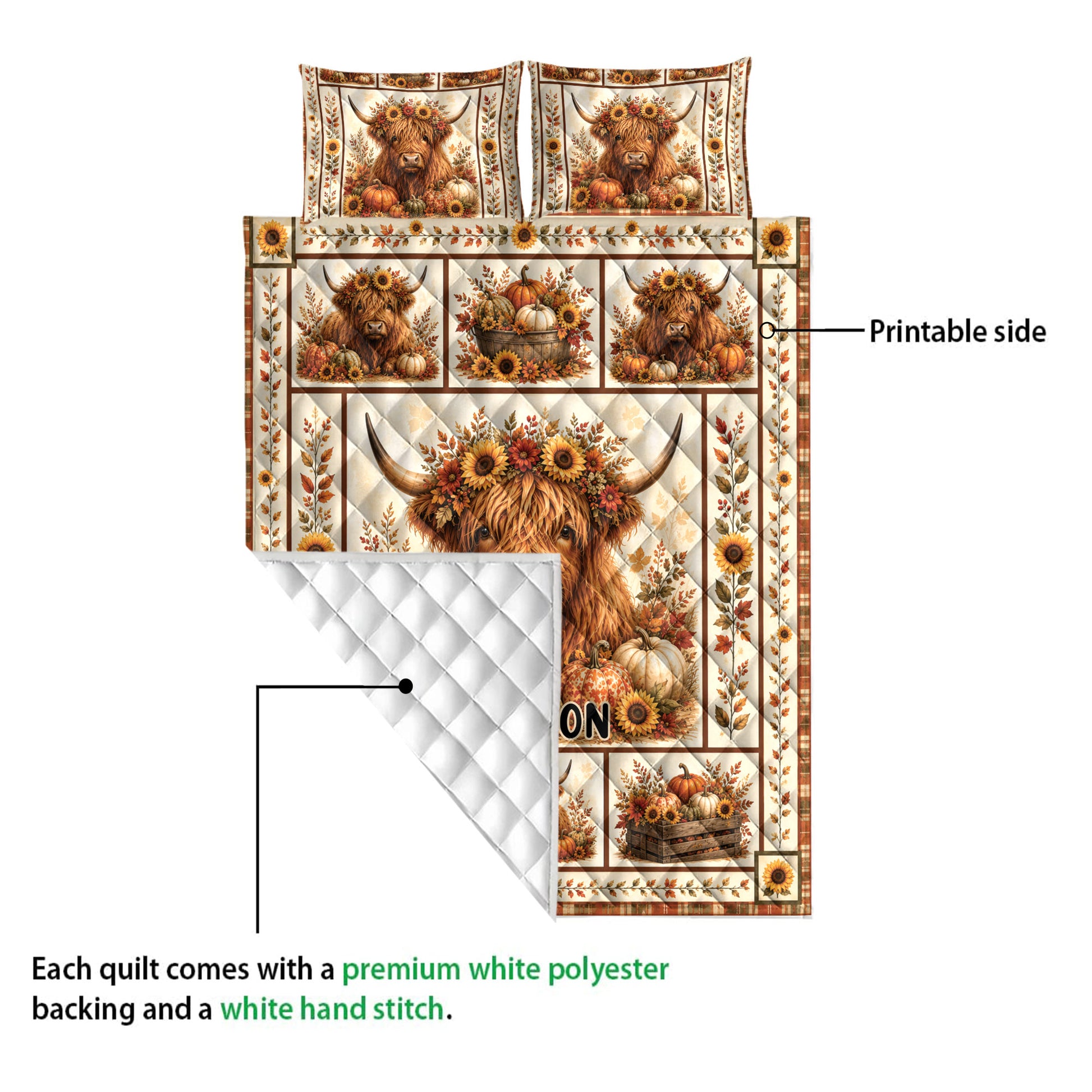 Highland Cow quilt showing the printed front and white diamond-stitched backing detail