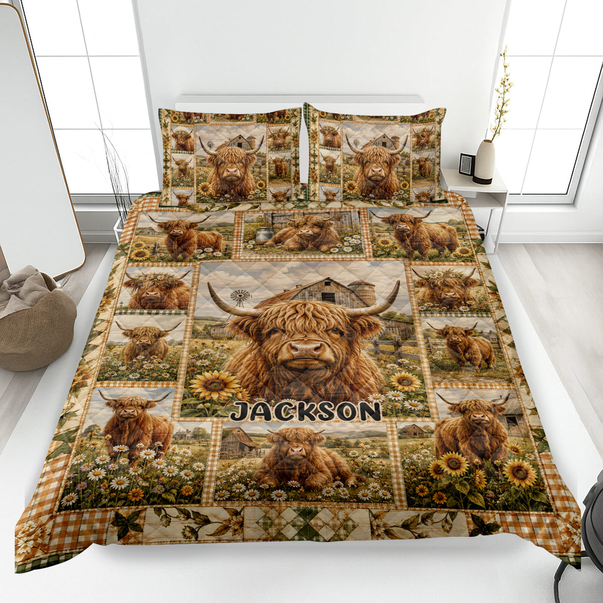 Highland cow quilt blanket spread across a bed with farmhouse scenes, sunflowers, daisies, and rustic patchwork