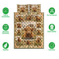 Highland cow quilt bedding set shown with matching artwork, sunflower details, and soft care feature icons