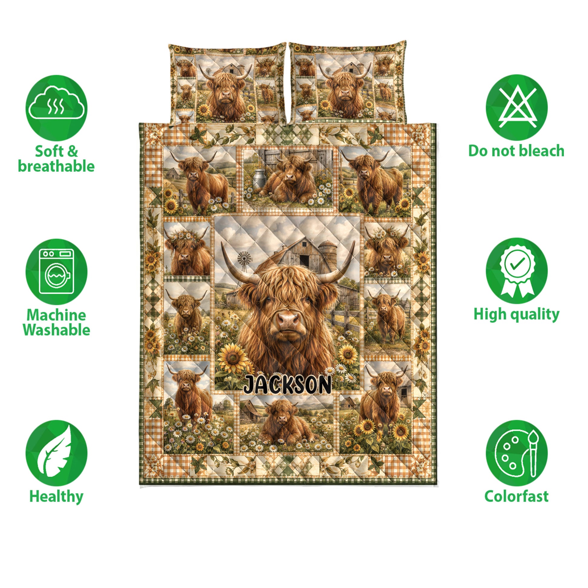 Highland cow quilt bedding set shown with matching artwork, sunflower details, and soft care feature icons