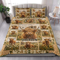 Highland cow quilt blanket styled on a bed with rustic farm scenes, sunflowers, and coordinating pillowcase options