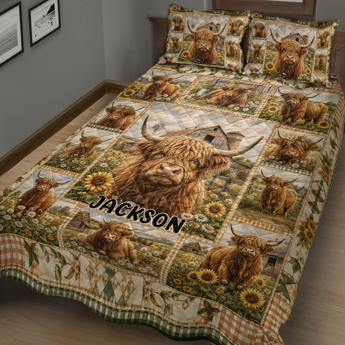 Rustic Highland cow quilt bedding displayed on a bed with barn scenes, wildflowers, sunflowers, and patchwork borders