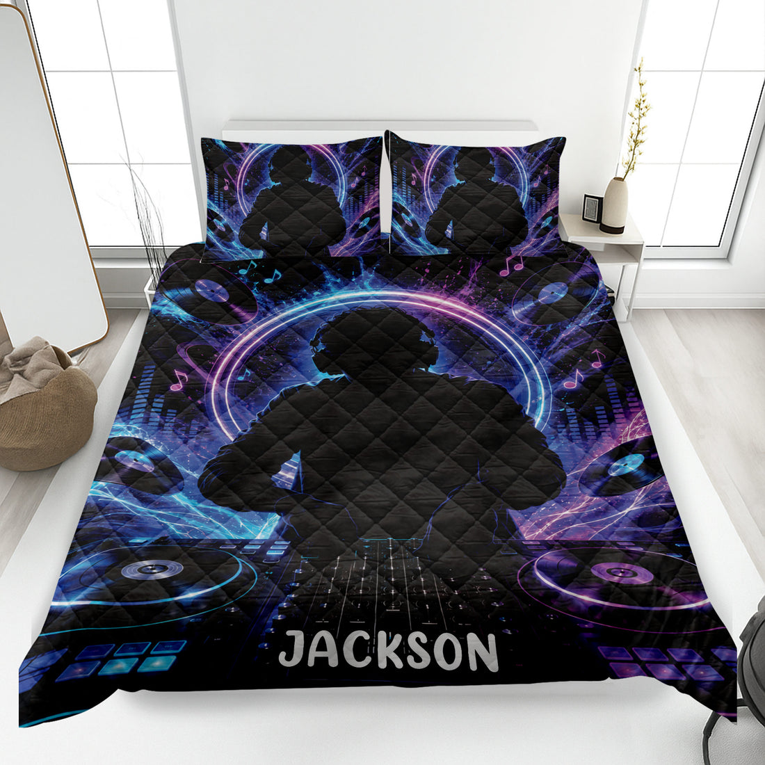 DJ quilt blanket bedding set displayed on a bed with turntables, vinyl records, headphones, and neon music artwork