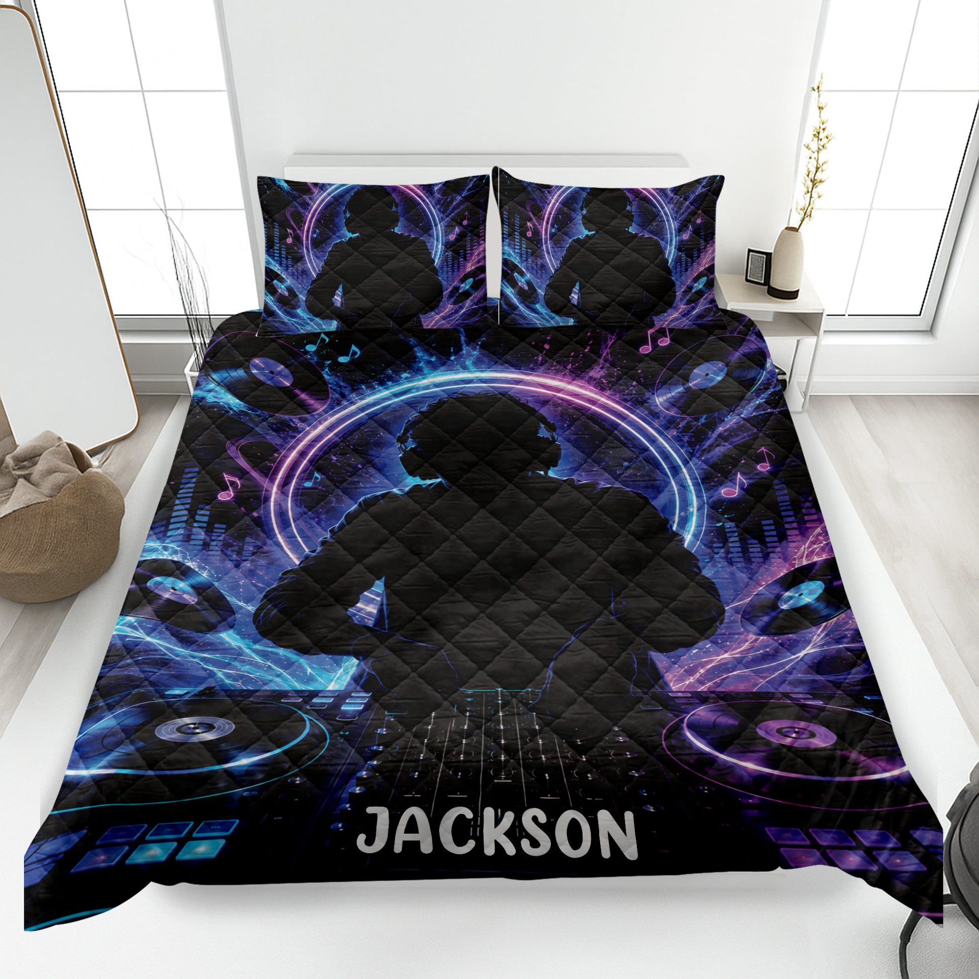 DJ quilt blanket bedding set displayed on a bed with turntables, vinyl records, headphones, and neon music artwork