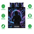 DJ quilt bedding set with vibrant blue and purple music artwork, turntables, vinyl records, and soft breathable design icons