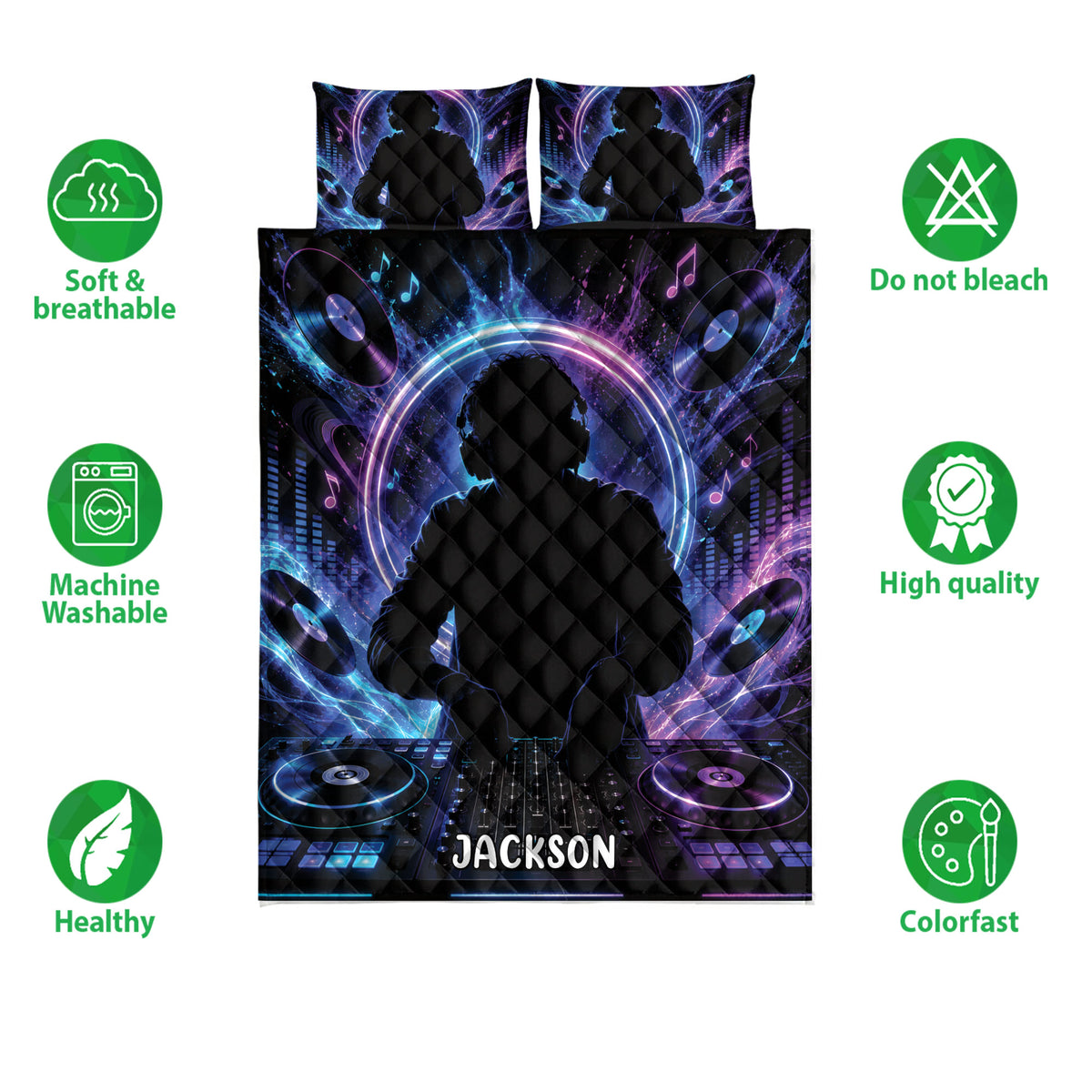 DJ quilt bedding set with vibrant blue and purple music artwork, turntables, vinyl records, and soft breathable design icons
