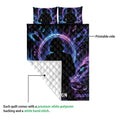 DJ quilt blanket showing a colorful printable front, quilted backing, turntables, records, and mixing console artwork
