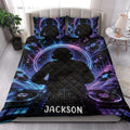 DJ quilt bedding displayed in a modern bedroom with neon blue and purple music production artwork