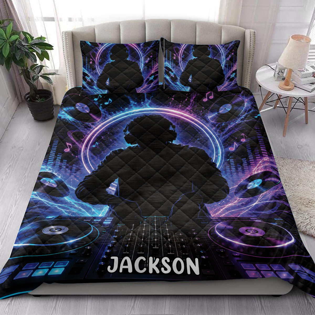 DJ quilt bedding displayed in a modern bedroom with neon blue and purple music production artwork