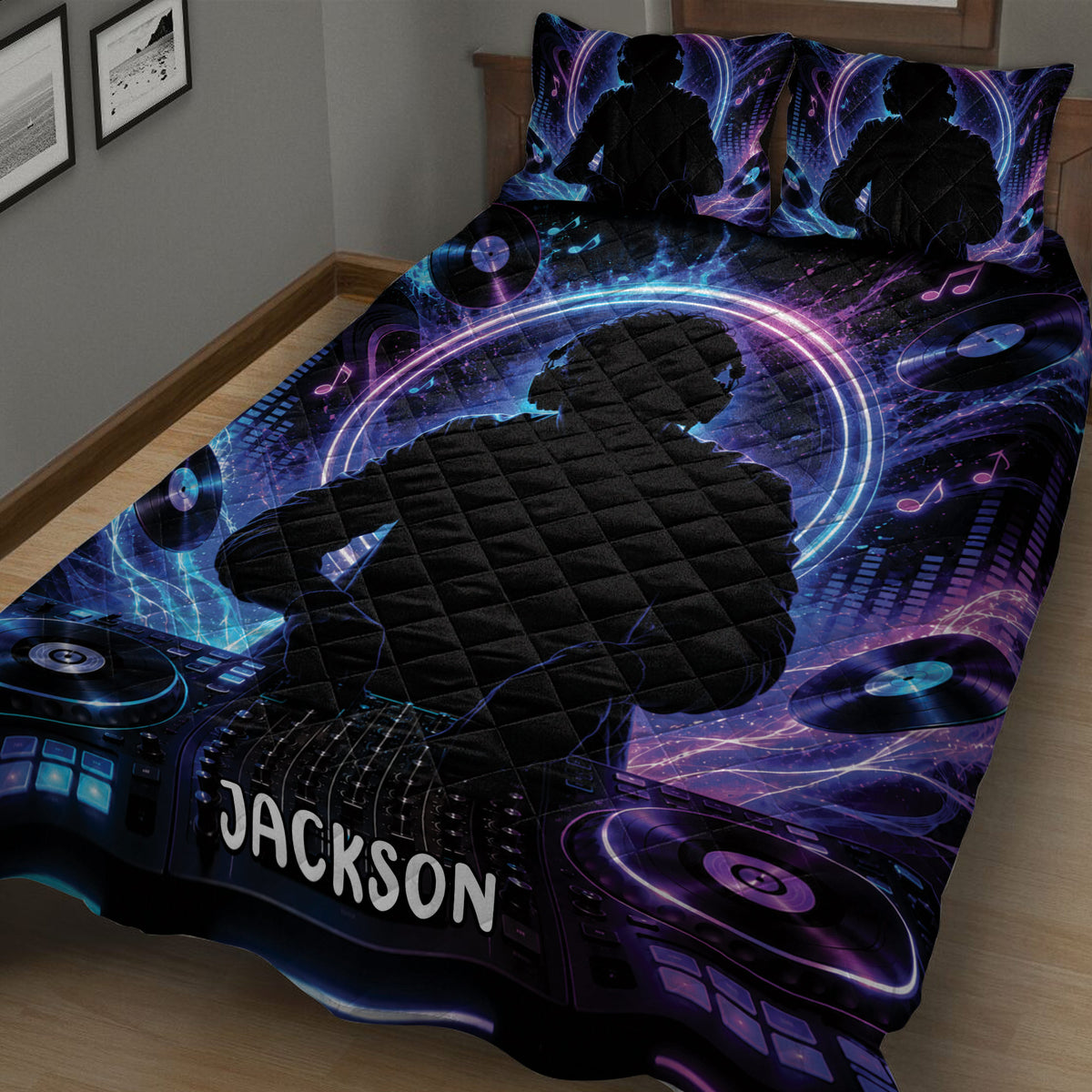 Close view of DJ quilt blanket bedding with vinyl records, turntables, headphones, and colorful studio-inspired artwork