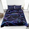 DJ quilt blanket displayed on a bed with turntables, vinyl records, headphones, and neon music artwork