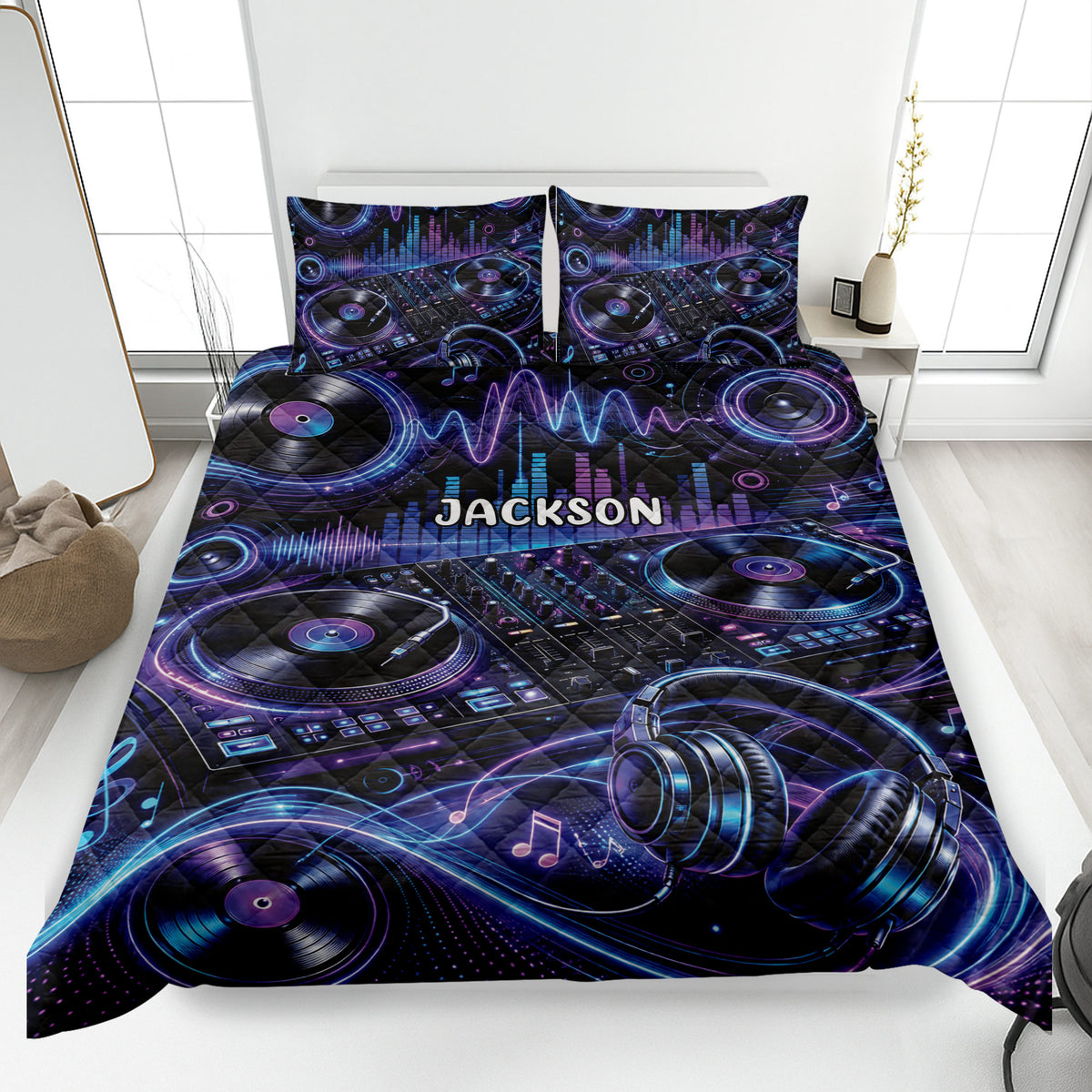 DJ quilt blanket displayed on a bed with turntables, vinyl records, headphones, and neon music artwork