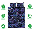 DJ quilt bedding set with colorful turntable artwork and visible soft, breathable, washable feature icons