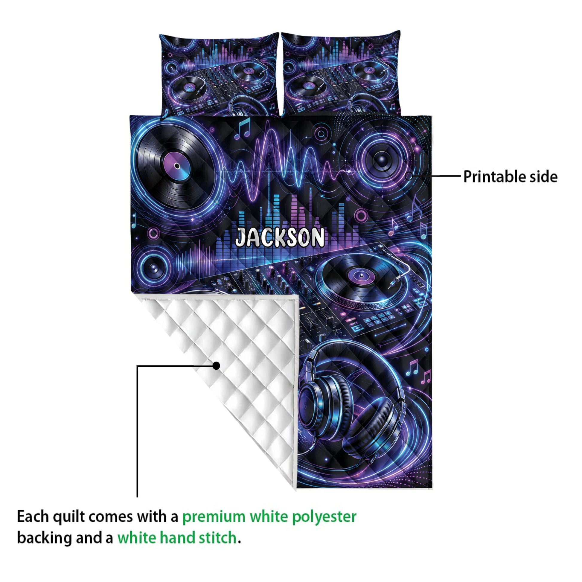 DJ quilt blanket showing the printed music design and white diamond-stitched backing