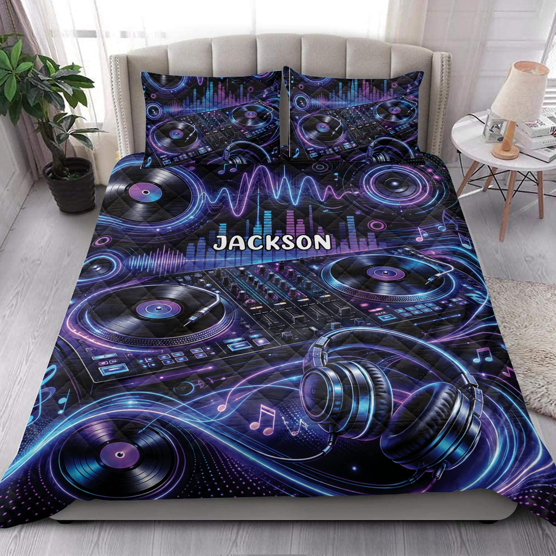 DJ quilt blanket styled in a bright bedroom with turntables, headphones, vinyl records, and neon waveforms