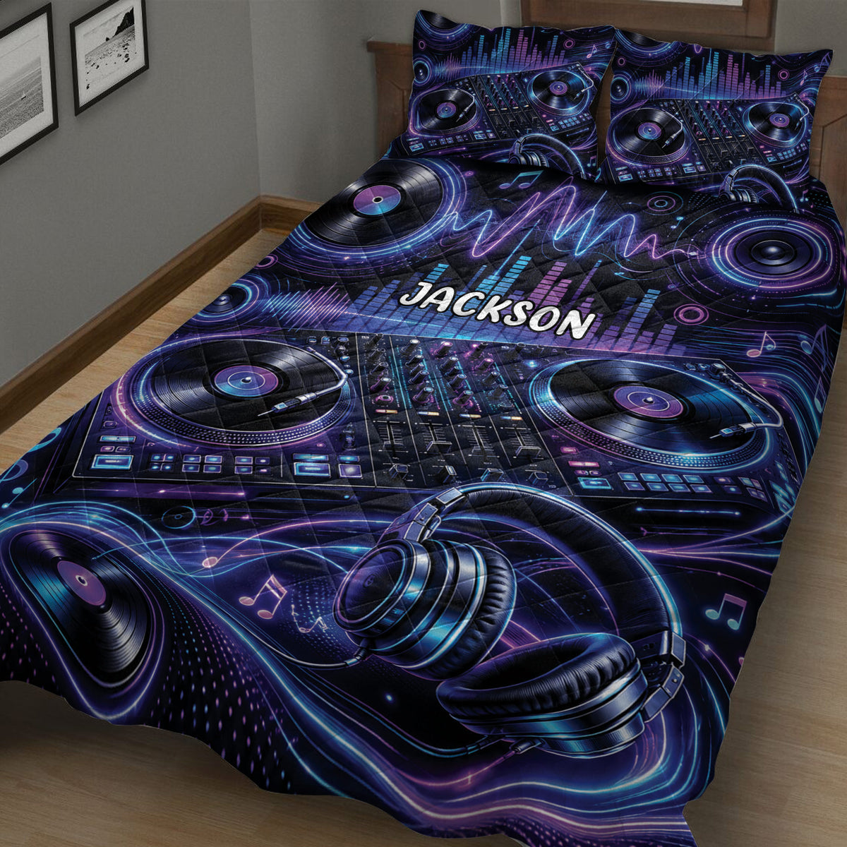 Close view of DJ quilt bedding with vinyl records, mixing equipment, headphones, and blue-purple music graphics