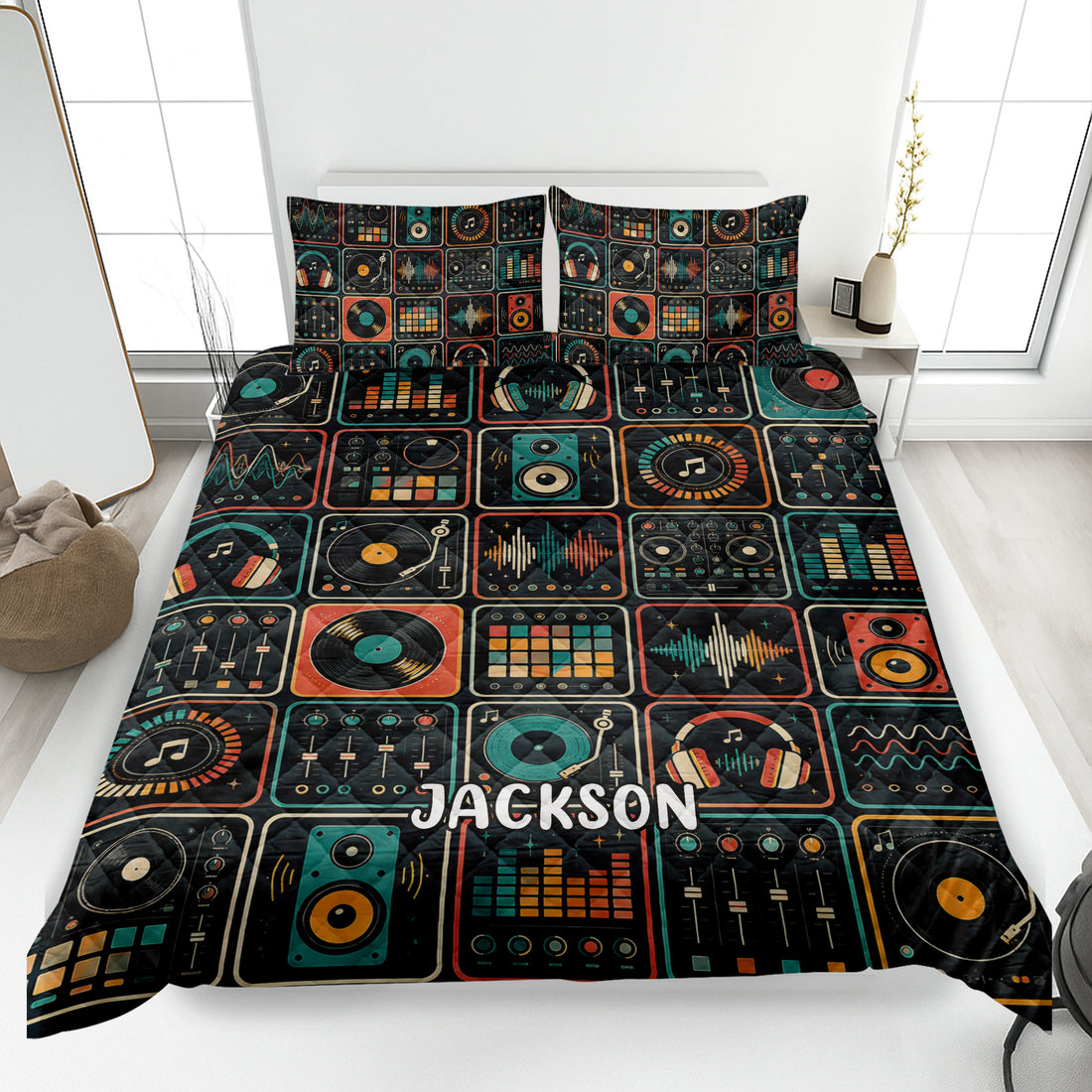 DJ quilt blanket displayed on a bed with turntables, headphones, mixers, equalizers, and colorful music artwork