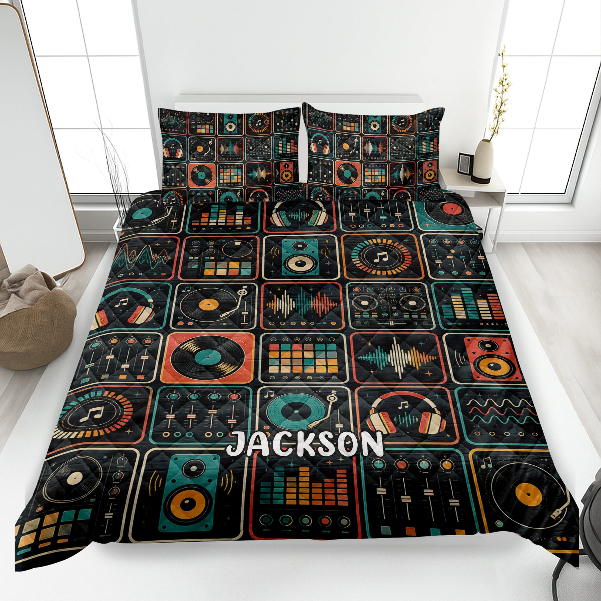 DJ quilt blanket displayed on a bed with turntables, headphones, mixers, equalizers, and colorful music artwork