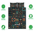 DJ quilt bedding set shown flat with retro music equipment artwork and soft breathable bedding feature icons