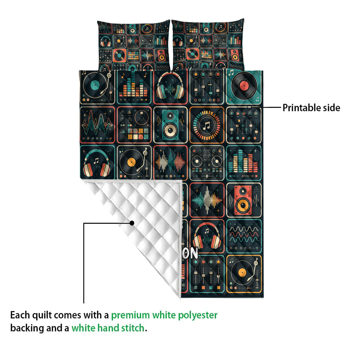 DJ quilt blanket detail showing a printed music equipment design and quilted reverse side
