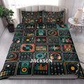 DJ quilt blanket styled in a bright bedroom with turntables, headphones, speakers, and audio mixer artwork