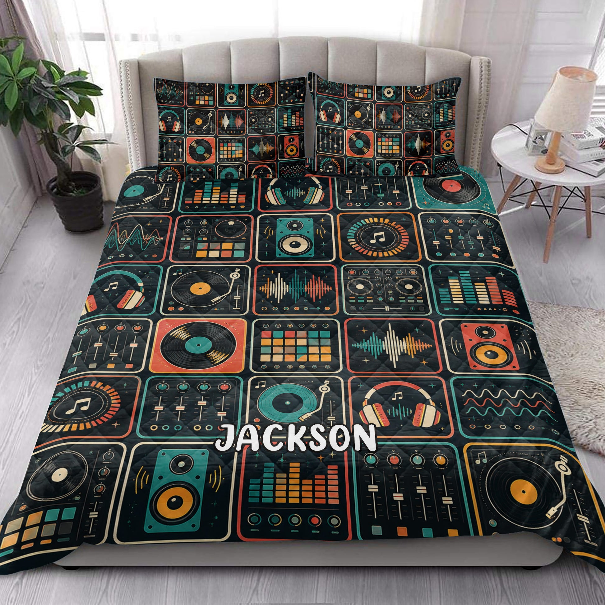 DJ quilt blanket styled in a bright bedroom with turntables, headphones, speakers, and audio mixer artwork