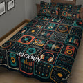 DJ music quilt blanket displayed in a bedroom with vinyl records, headphones, sound waves, and mixing console artwork