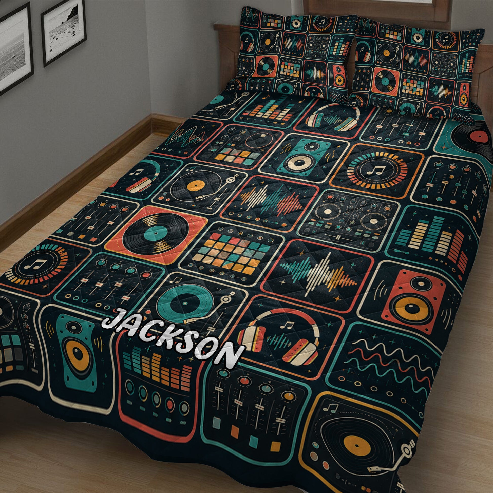 DJ music quilt blanket displayed in a bedroom with vinyl records, headphones, sound waves, and mixing console artwork