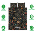 DJ quilt bedding set shown with turntables, mixing boards, headphones, records, and soft breathable design icons