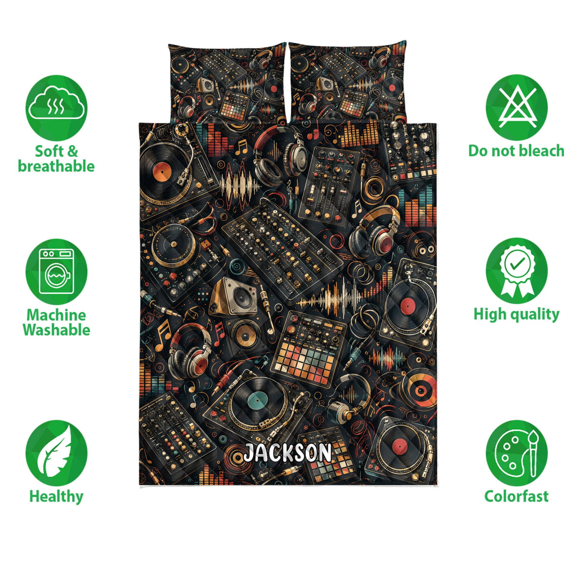 DJ quilt bedding set shown with turntables, mixing boards, headphones, records, and soft breathable design icons