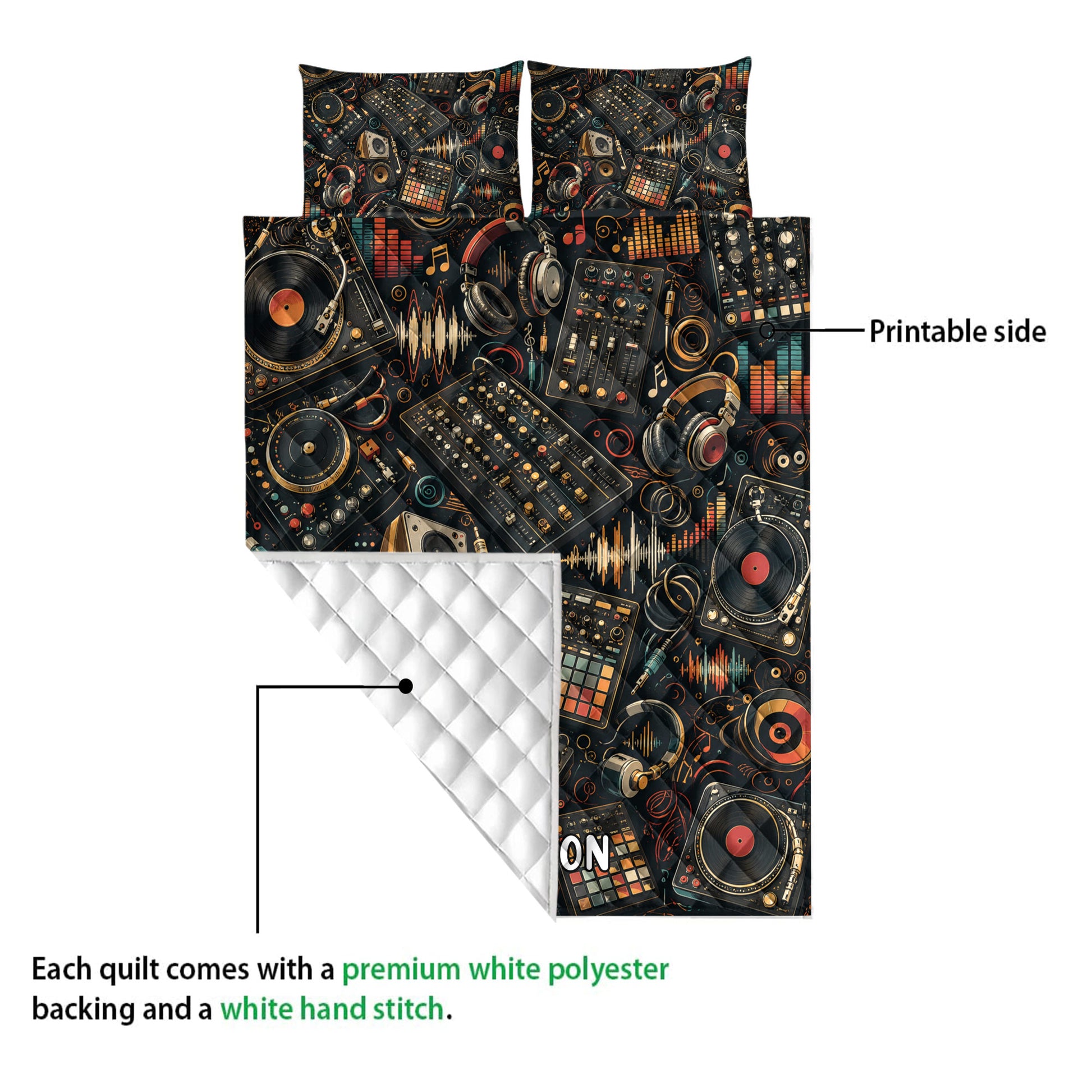 DJ quilt blanket detail showing printed music equipment artwork and a white quilted backing