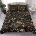 DJ quilt bedding styled in a bright bedroom with turntables, headphones, records, and colorful audio equipment