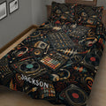 Close-up DJ quilt blanket with turntables, mixing consoles, headphones, records, and vibrant music studio artwork