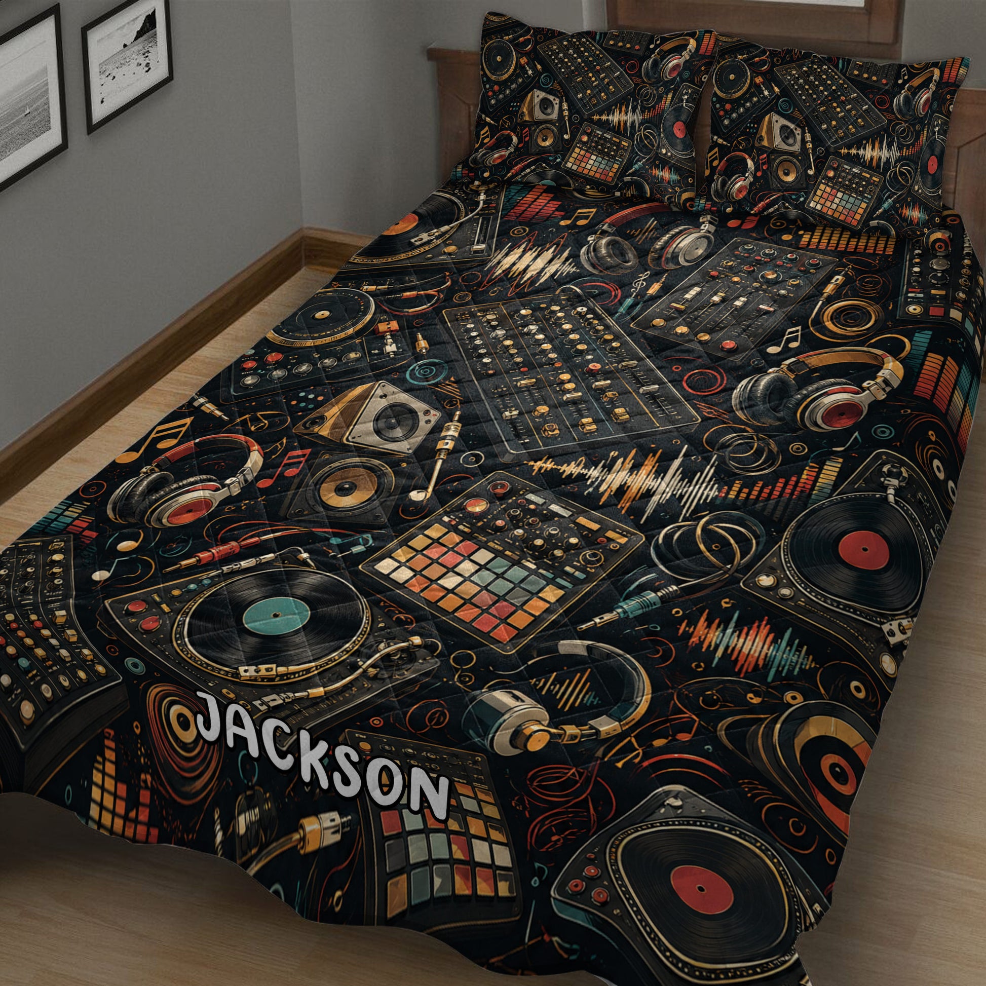 Close-up DJ quilt blanket with turntables, mixing consoles, headphones, records, and vibrant music studio artwork