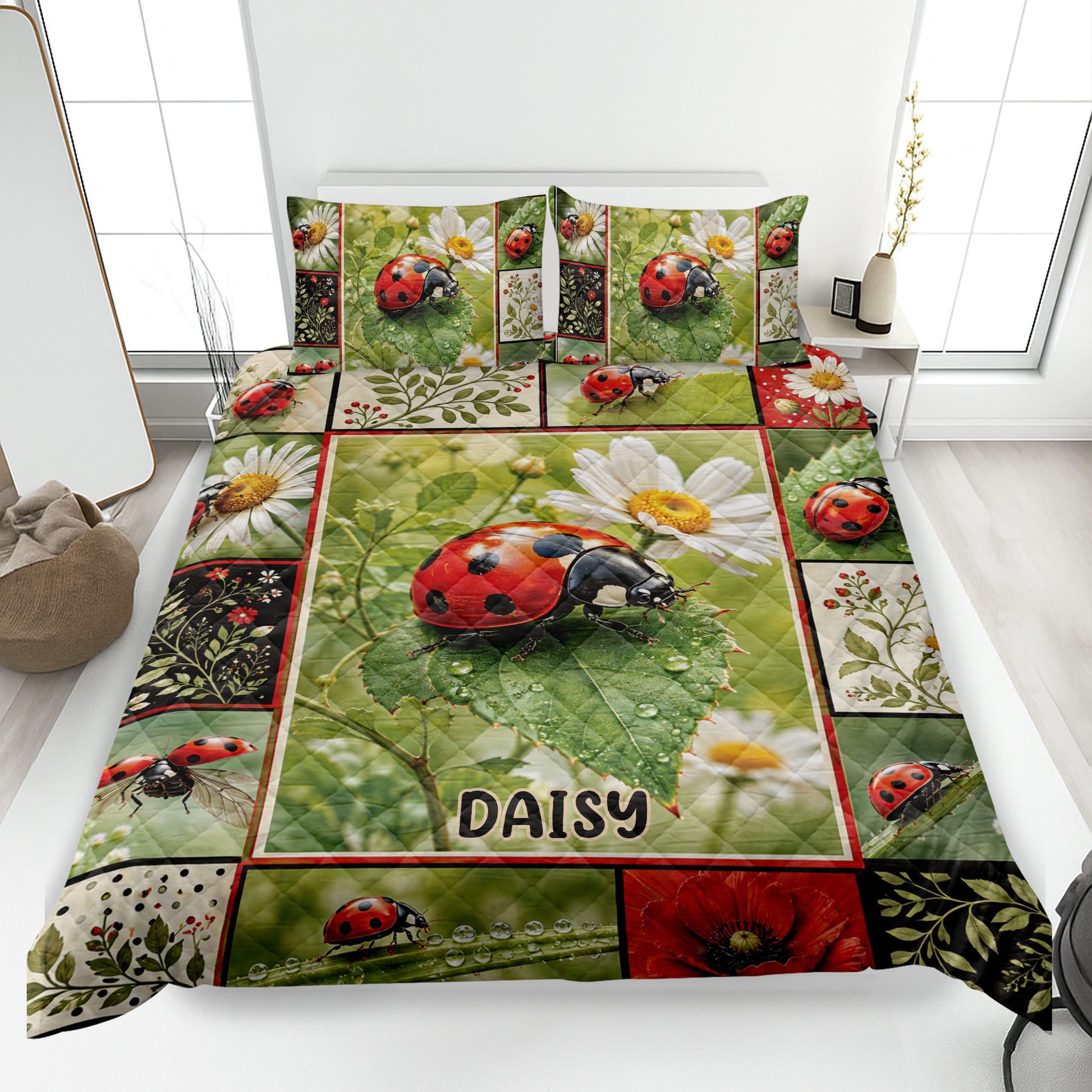 Ladybug quilt blanket displayed on a bed with daisies, green leaves, and botanical panels