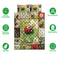 Ladybug quilt bedding set shown with floral artwork and soft breathable design feature icons