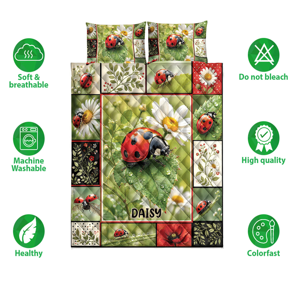 Ladybug quilt bedding set shown with floral artwork and soft breathable design feature icons