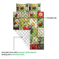 Ladybug quilt blanket showing the printed botanical side and white quilted backing