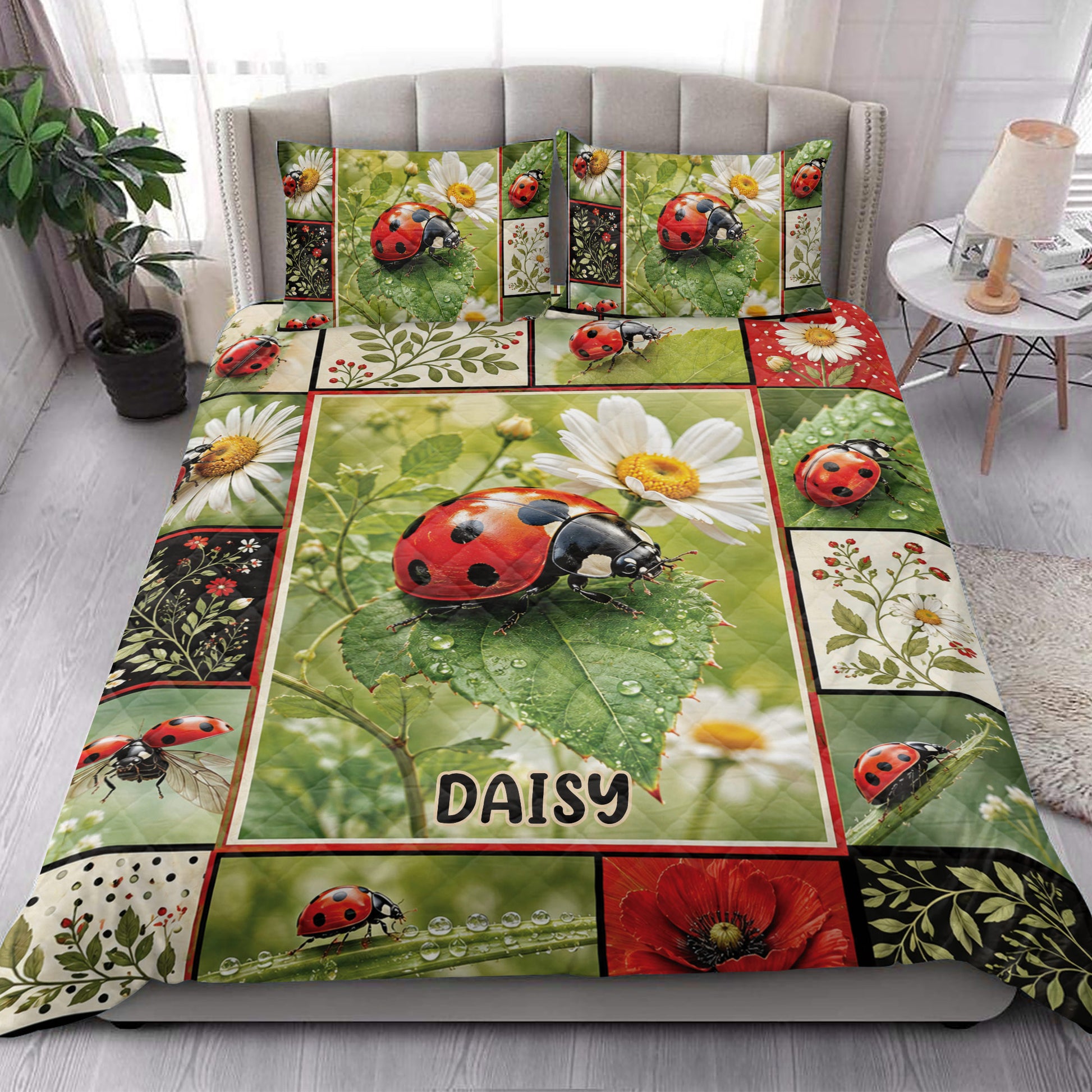 Ladybug quilt bedding set styled in a bright bedroom with daisies and leafy botanical artwork